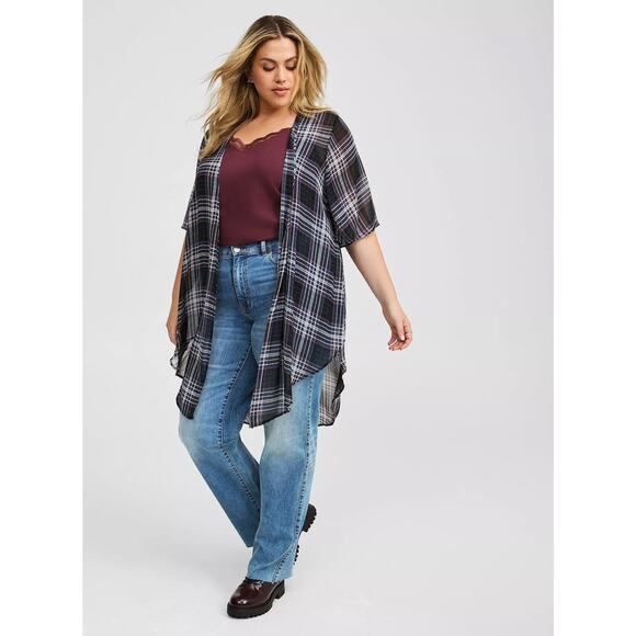 Torrid Memory Plaid Shirttail Kimono Lightweight Sheer Blue Beige Wine 1 1X - Picture 3 of 9